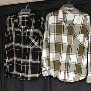 Pair (2) Lucky Brand Black and Olive Plaid Shirt Womens Size Large